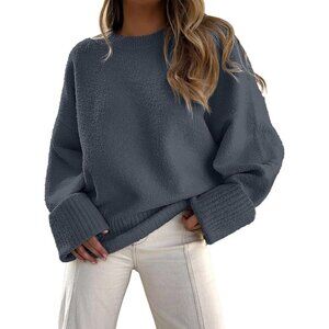 Women's Dark Gray Oversized Long Sleeve Casual Fuzzy Knit Sweater